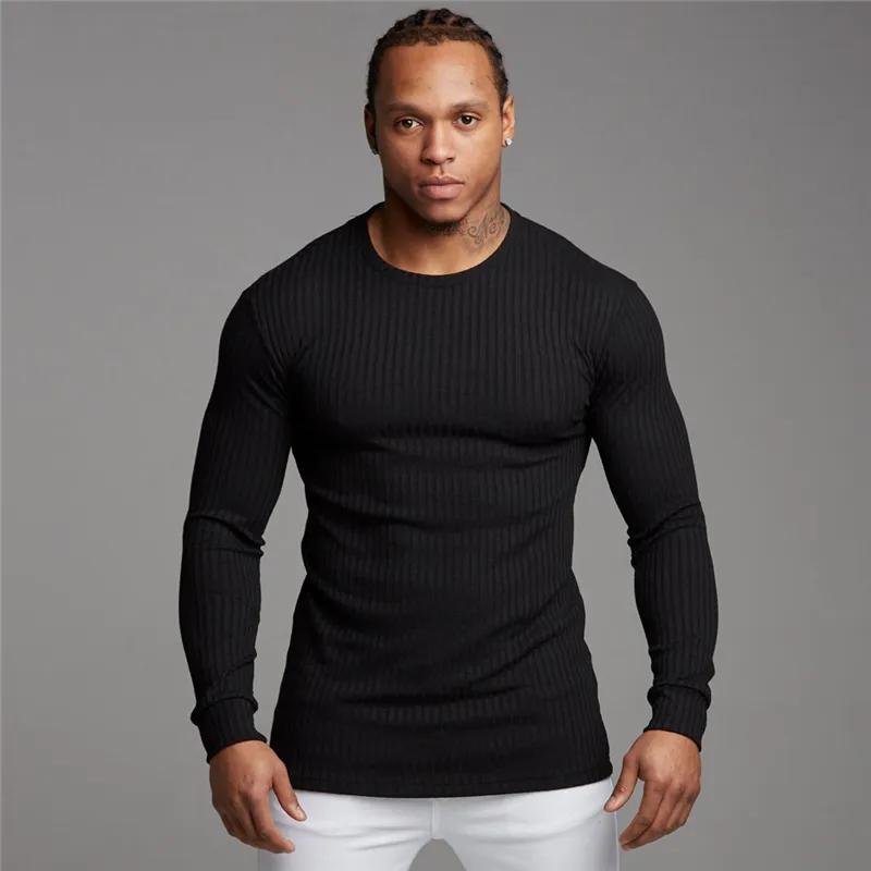 Muscleguys Autumn Men's Sweater T-shirt Mens Long Sleeve Solid Casual Stretch Slim Fit Fitness Clothing Brand Knitted Pullovers 210421