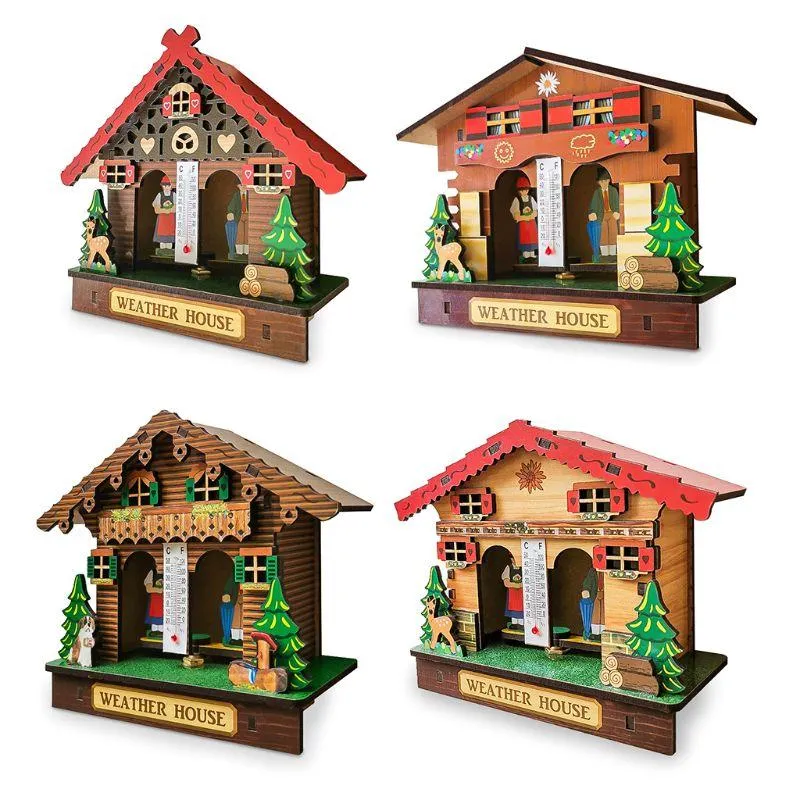 Przedmioty dekoracyjne Figurki Kreatywny Drewniany Dom Barometr Termometr Ścienny Higrometr Pogodowy Dekoracja Domu