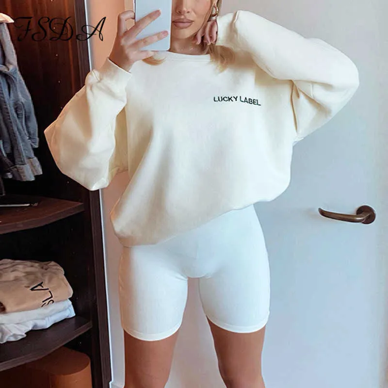 FSDA Loose Autumn Women Set Long Sleeve Top Shirts And Biker Shorts Mini White Two Piece Sets Sport Outfits Suit T200826