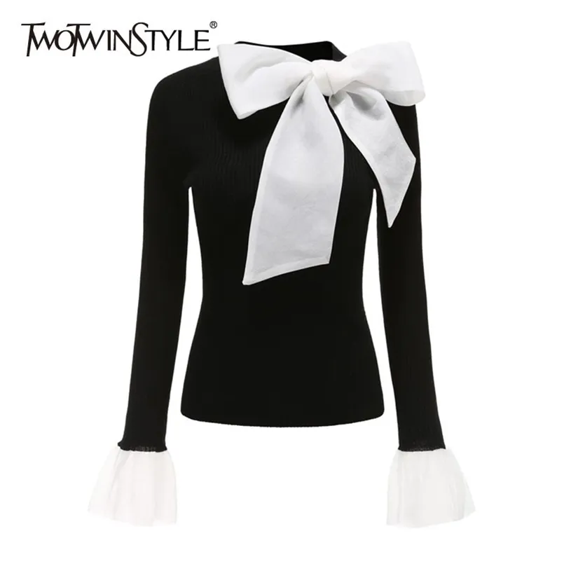 Twottyle élégant Patchwork Bowknot Bowknot Pull pour Femme O Cou À manches longues Pulls Slim Slim Slim Scadict Vêtements 210812