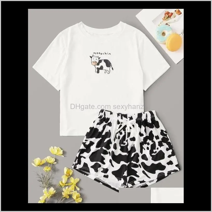 cotton pajama set female cow print pijamas mujer short sleeve t-shirt and shorts ladies` pyjamas summer sleepwear home clothes
