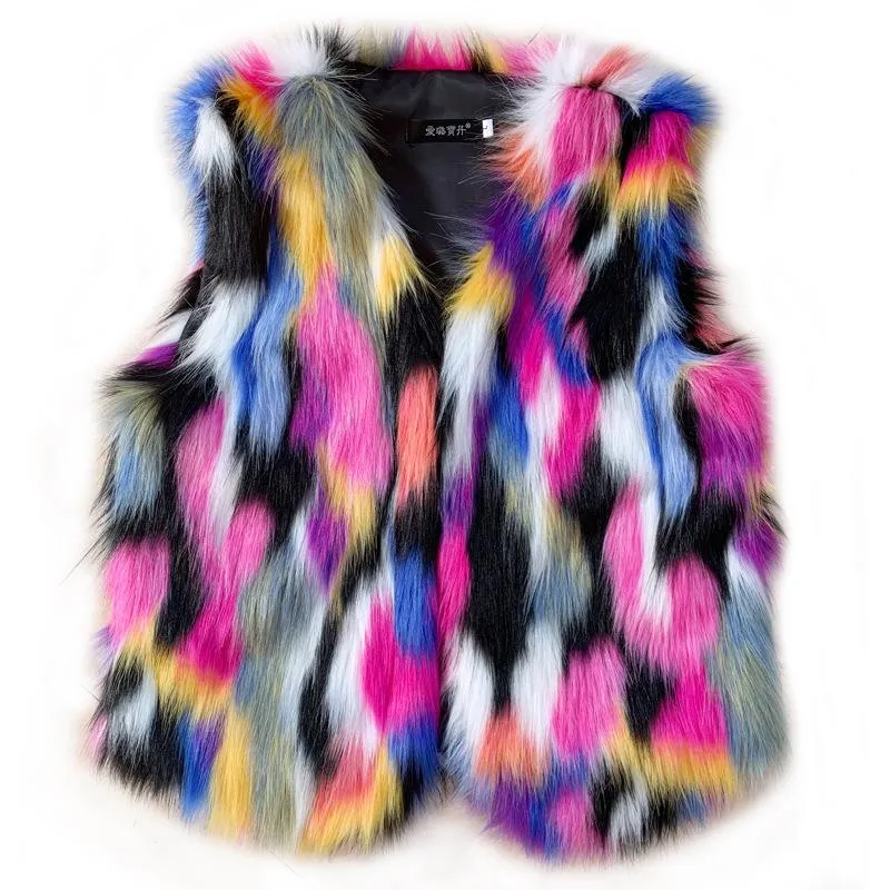 Cappotto da donna in finta pelliccia arcobaleno Gilet soffice da donna Gilet da donna caldo colorato impiombato invernale da donna Taglie forti