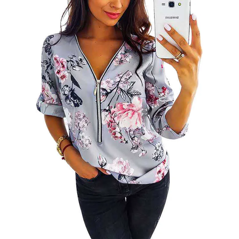 Summer Women Clothes Floral Print Tops 3/4 Sleeve V-neck Plus Size Office Blouse Fashion Streetwear Woman Blouses Shirts 210608