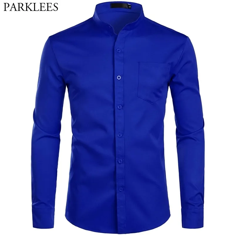 Men's Royal Blue Dress Shirts Brand Banded Mandarin Collar Shirt Male Long Sleeve Casual Button Down Shirt with Pocket 2XL 210522