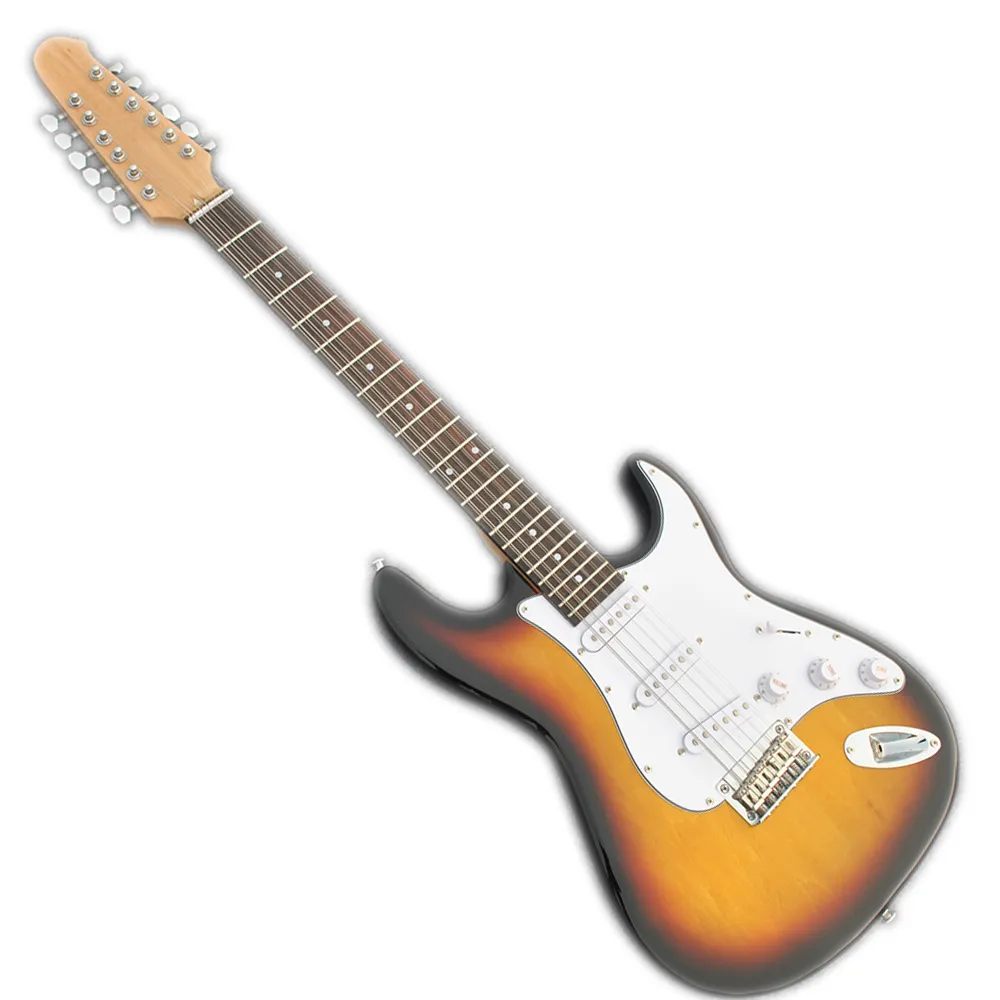 Outlet di fabbrica-12 corde Tobacco Sunburst Chitarra elettrica con pickup SSS, tastiera in palissandro, prestazioni ad alto costo