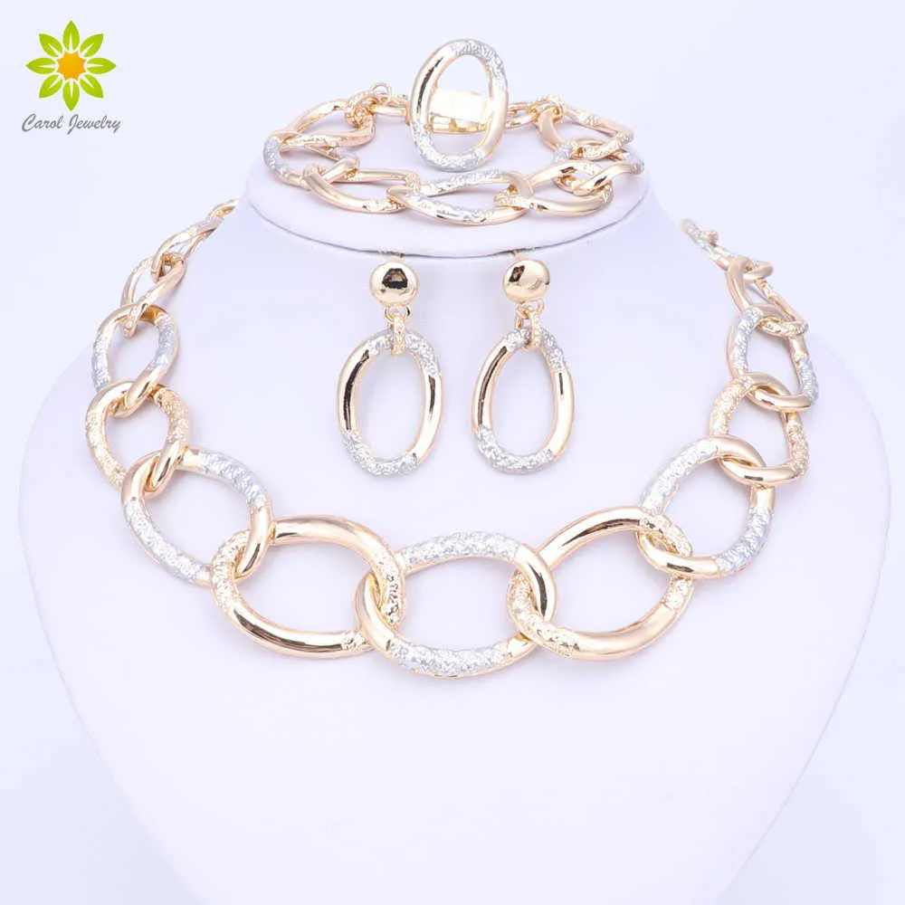 Joyería de Dubái a la moda 2020, conjuntos de joyería de boda para mujer, collar de Color dorado de alta calidad, pendientes, pulsera, anillo para fiesta H1022