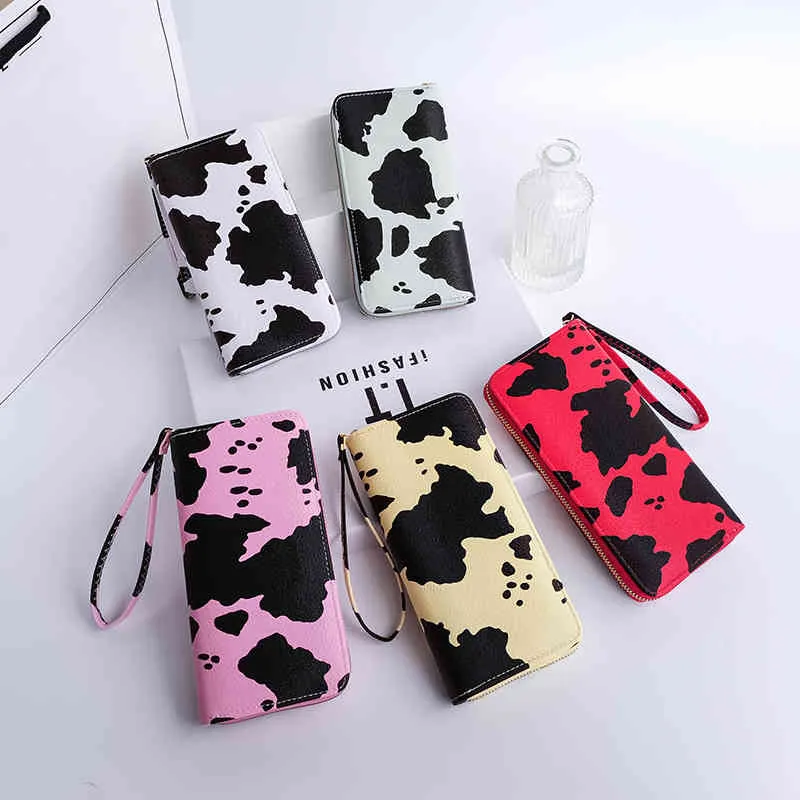 2021 mode été contraste couleur vache motif multi-compartiment portefeuille longue horizontale pochette femmes sacs à mainJNNK