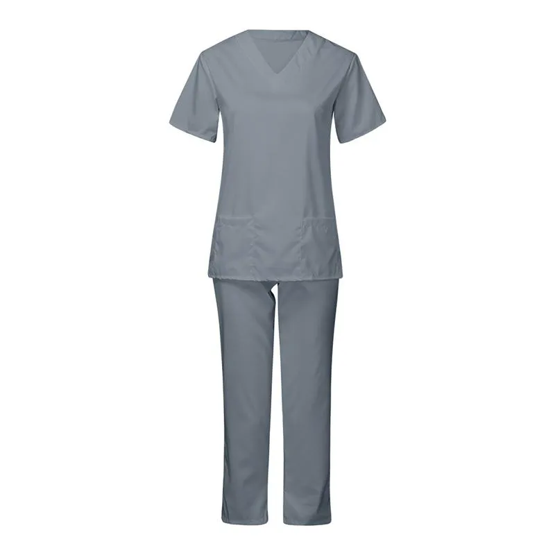 Unisex Solid Color Short Sleeve V Neck Nursing Suit Set For Women