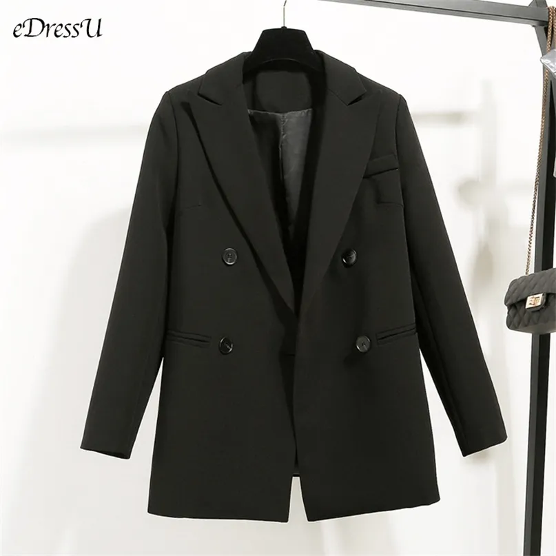 Edressu Women Loose Blazer Jacket Black Casual Garnitur Spring Double Breasted Biuro Business Business Zajdź ZX-3 211019