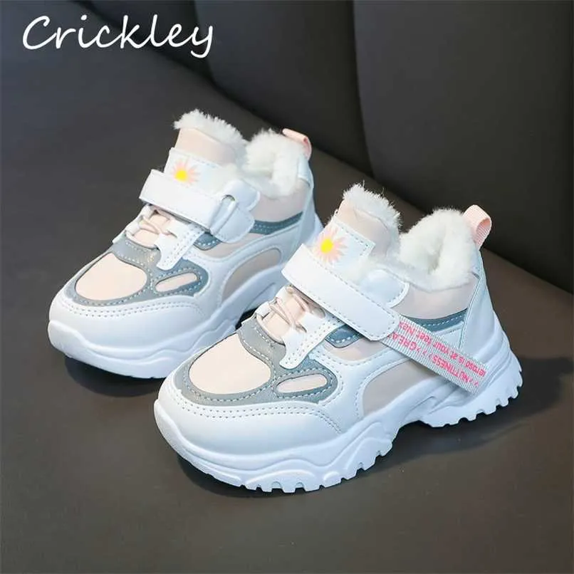Thick Children Sneakers White Pu Leather Non Slip Casual Shoes for Boys Girls Winter Plush Warm Comfortable Kids Sport Shoes 211022