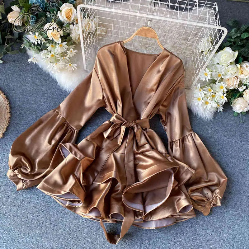 Summer Elegant Women Satin Mini Dress Long Sleeve Ruffle Belted Tunic Slim Vintage Shiny Sexy Short Party 2105132953