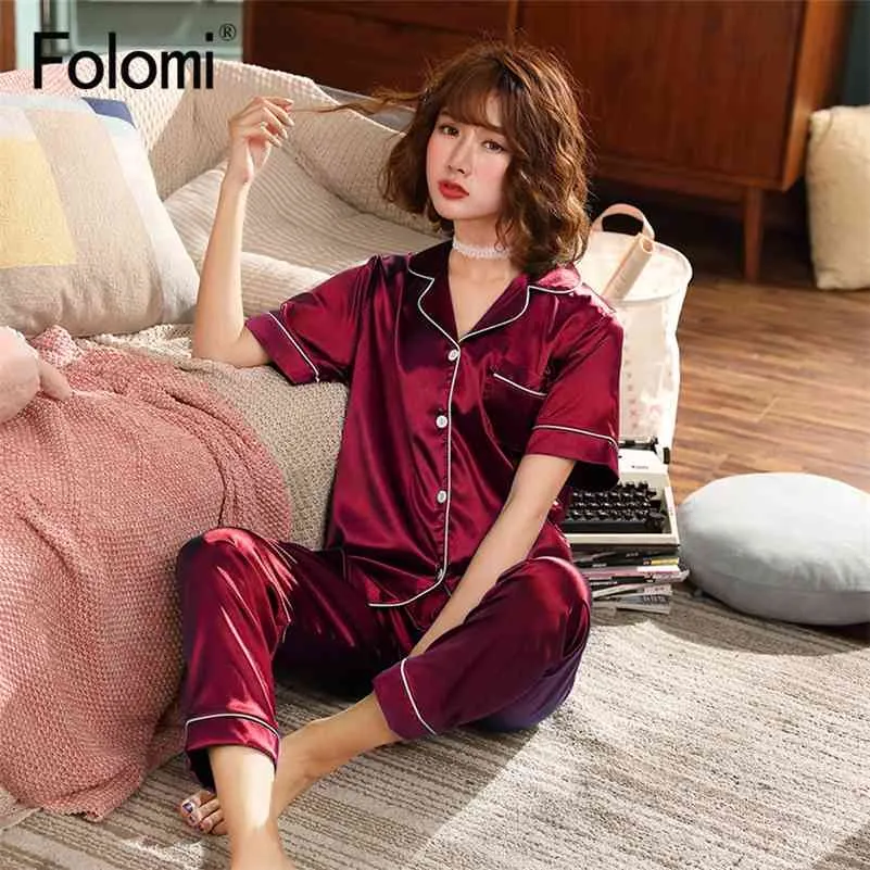 Ensemble de pyjamas en soie pour femmes deux pièces vêtements de nuit solides manches courtes vêtements de nuit sexy 210330