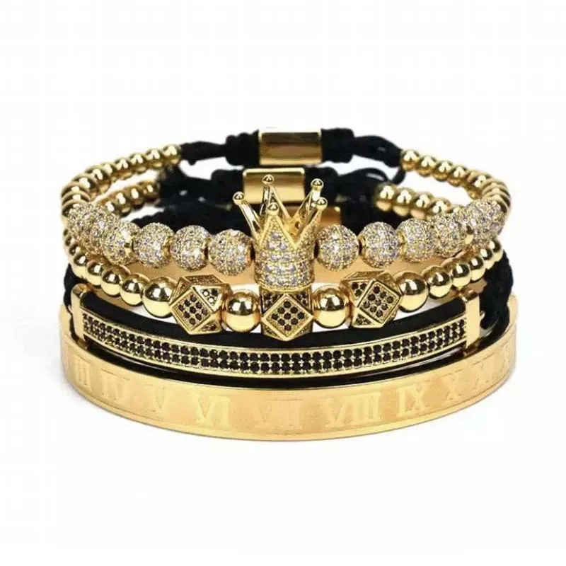 Gold Black Zircon Crown Couple Bead Charm Bracelets for Lovers Roman Numeral Braided Drawstring Bracelet Women Men Luxury Jewelry Gift Valentine's Day Christmas