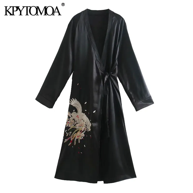 Vrouwen chique mode gebonden riem borduurwerk kimono midi jurk vintage wrap v hals lange mouw vrouwelijke jurken vestidos 210416