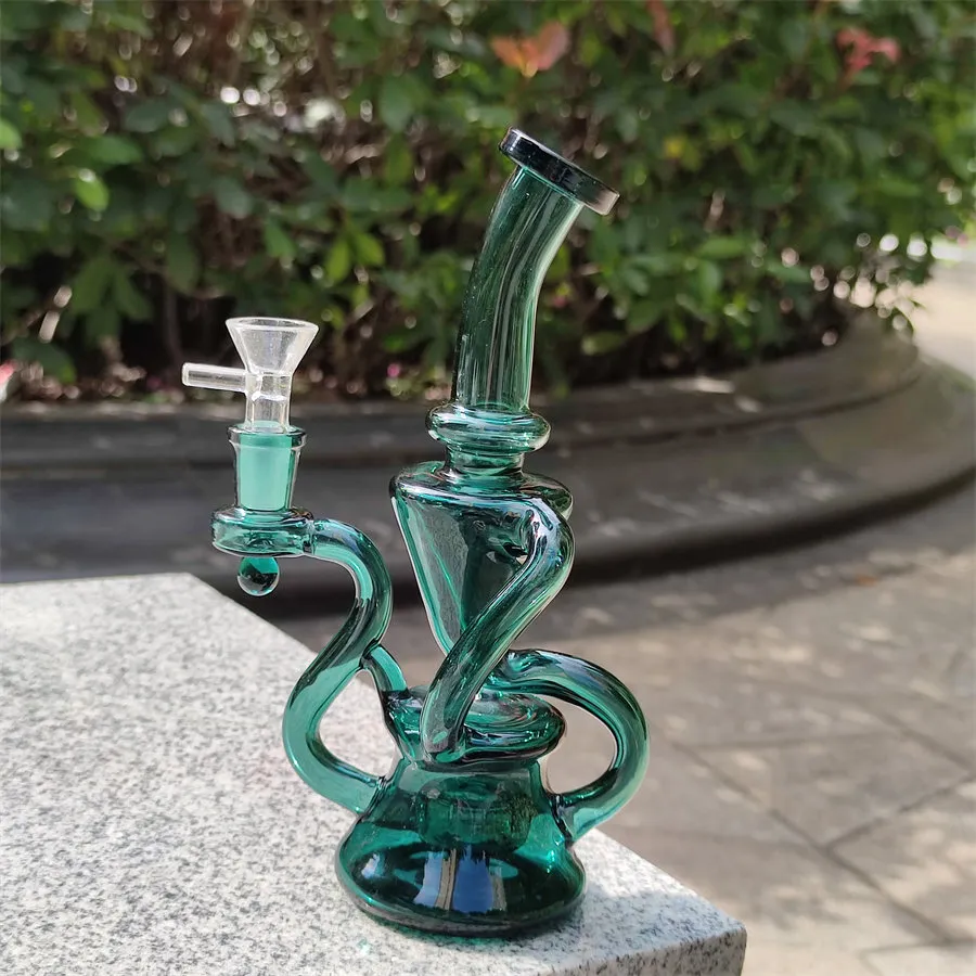 2021 Hookah Bong Glas DAB RUG Multi Color Peacork Green Recyler Water Bongs Rookleidingen 9 Inch Hoogte 14.4mm Vrouwelijk Joint met Quartz Banger