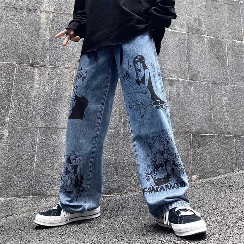 Summer Style Wide Leg Pants Street Retro Cartoon Jeans Y2k Aesthetic Print Denim Trousers Hole Female Plus Size Women 211129