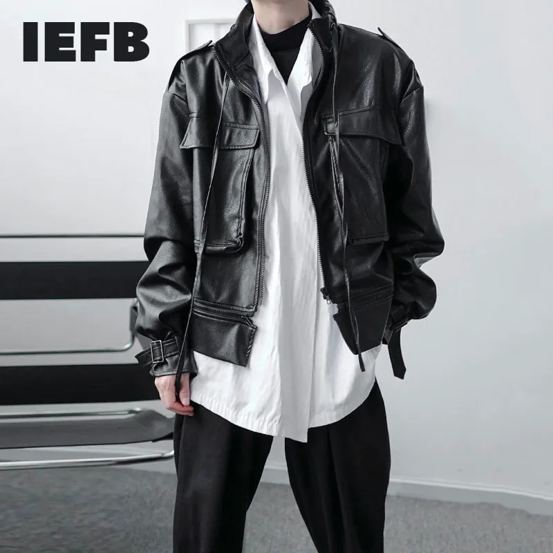 IEFB lente herfst ontwerp heren zwarte PU lederen jassen rits decoratieve stand kraag oversize losse causale jas 9Y4628 210524