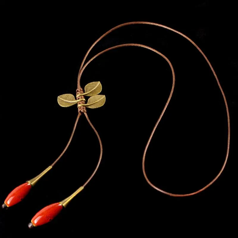 Miage Ethnische handgefertigte Keramikglasur Perle Frucht Antike Bronzefarbe Federn Blätter Pullover Halskette Frauen Mode Accessoire