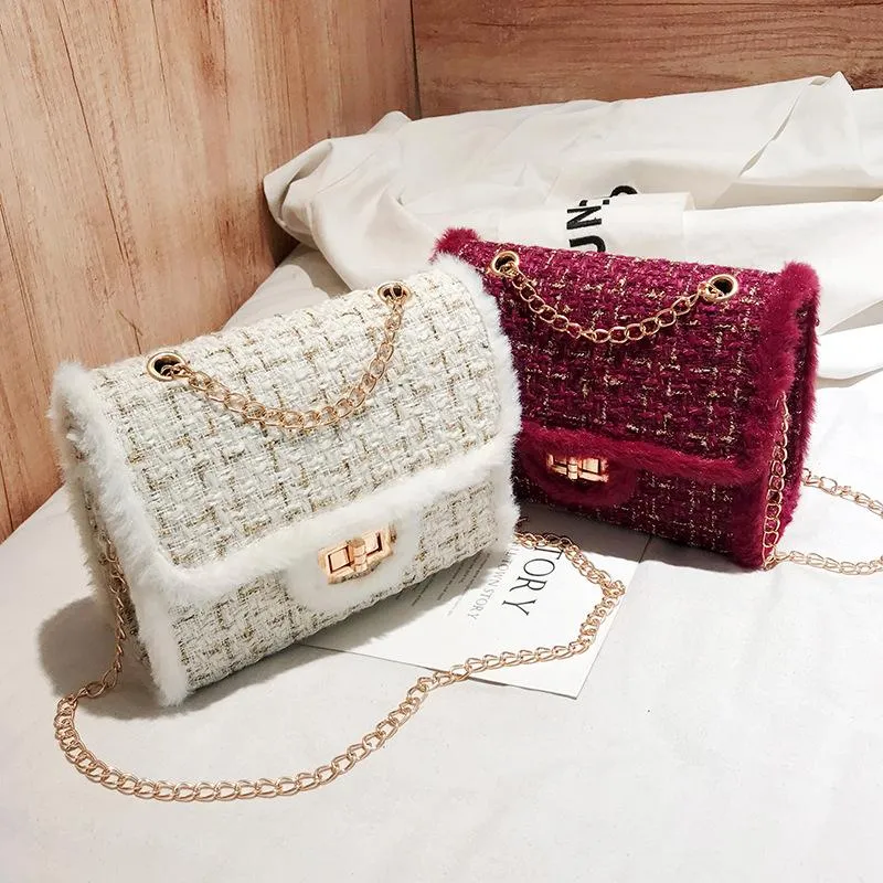 Worki wieczorowe Zimowe Tweed Crossbody Dla Kobiet 2021 Chain Torebka Marka Kobiet Ramię Messenger Torba Luksusowe Małe Kobiety