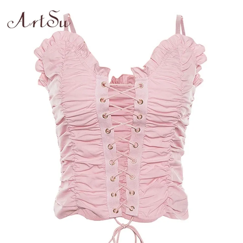 ArtSu Rosa Crop Tops Frauen Schnüren Sexy Sommer Spaghettiträger Top Niedliche Camis Damen Sommer Tops Cami ASVE20530 210407