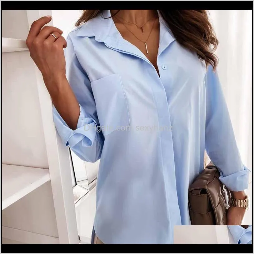 women spring long sleeve office shirt autumn casual turn down collar blouses tops lady fashion blue white work formal shirts1