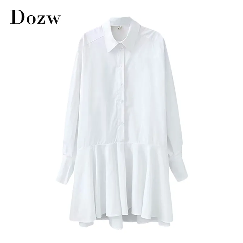 Femmes Chemise Blanche Mini Robe Turn Down Col Latern Manches Longues Bureau Dame Plissée Coton Casual Lâche Robes 210515