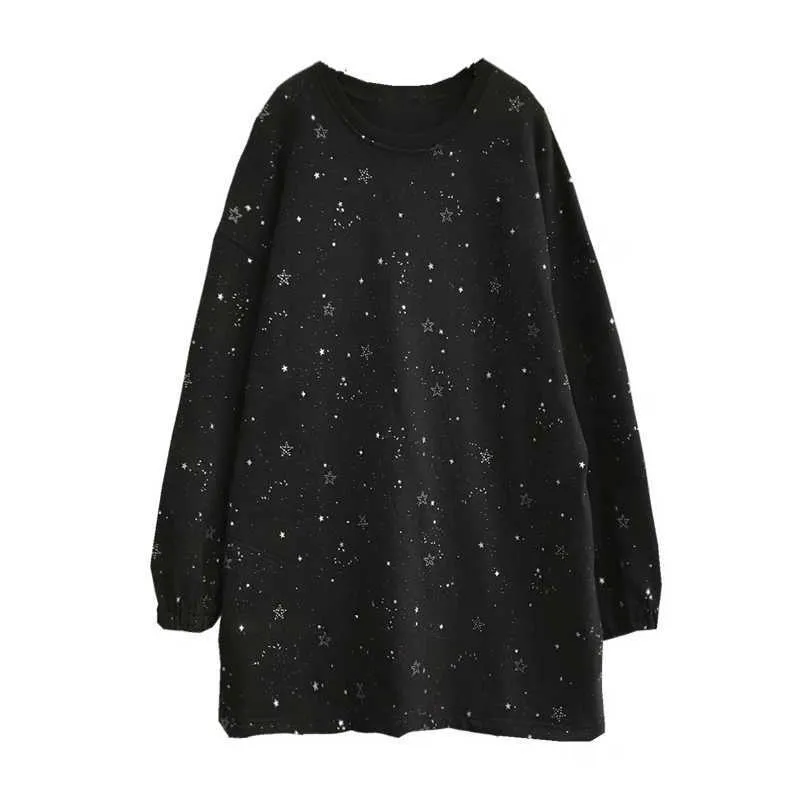 PERHAPS U Black Gray White O Neck Star Sweatshirt Fleece Pullover Long Sleeve Loose Short Mini Dress Winter Autumn O Neck D0852 210529