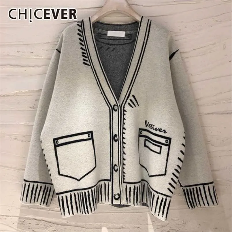 CHICEVER Casual Lose Pullover Für Frauen Print V-ausschnitt Langarm Plus Größe Elegante Strickjacken Weibliche Mode Kleidung Stil 211103