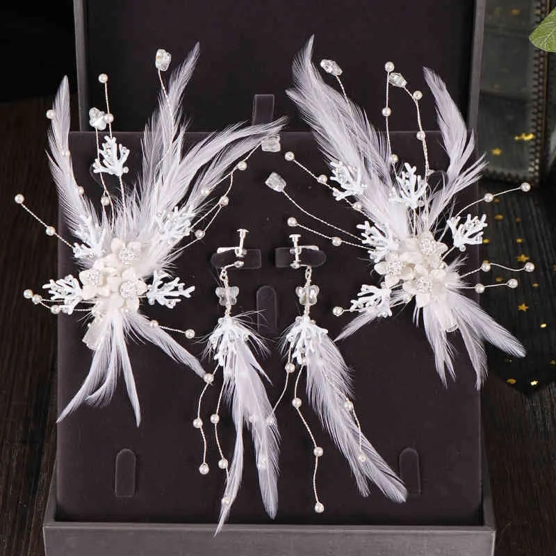 3 pezzi argento colore piuma gioielli da donna orecchini da sposa in cristallo set accessori da sposa fiore due fermagli per capelli