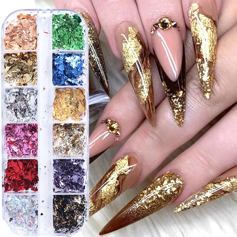 Altın Gümüş Kırmızı Renkli Nail Art Folyo Kağıt Düzensiz Alüminyum Çivi Sticker Manikür Glitter Jel Lehçe Tırnak Dekorasyon