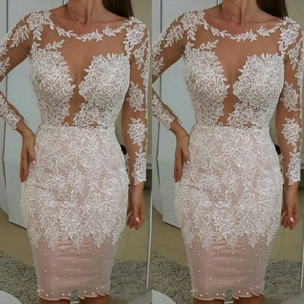 2021 Sexy Blush Pink Nude Cocktail Dresses Sheath Jewel Neck Long Sleeves White Lace Appliques Short Knee Length Evening Mother Of The Bride Gowns Guest Dress