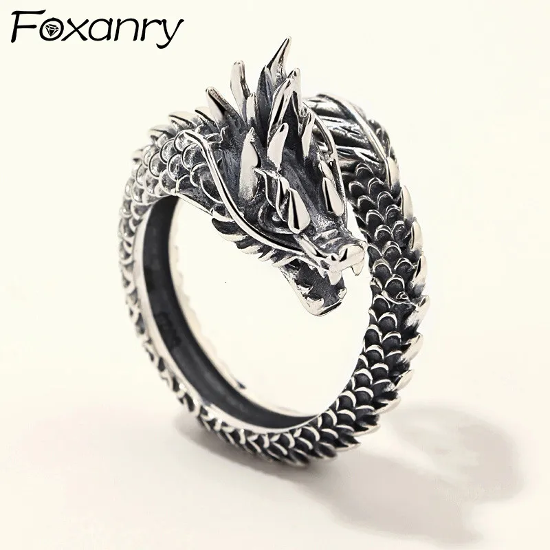 Foxanry 925 Sterling Vintage Mode Gothic Punk Alten Drachen Männer Schmuck Öffnung Ring Thai Silber Freund Geschenk Party