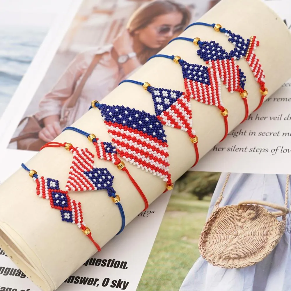 미국 국기 팔찌 유니섹스 2021 유행 수제 미유키 구슬 보석 조정 가능한 로프 미국 팔찌 도매