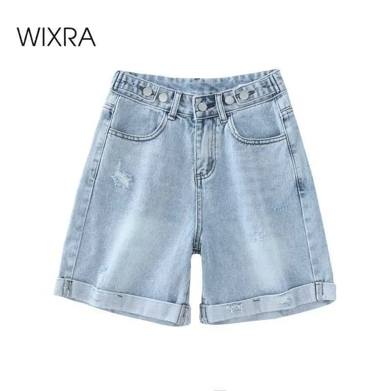 WIXRA Zomer Blauw Demin Shorts Button Pockets Hoge Taille Casual Streetwear Dames 210611