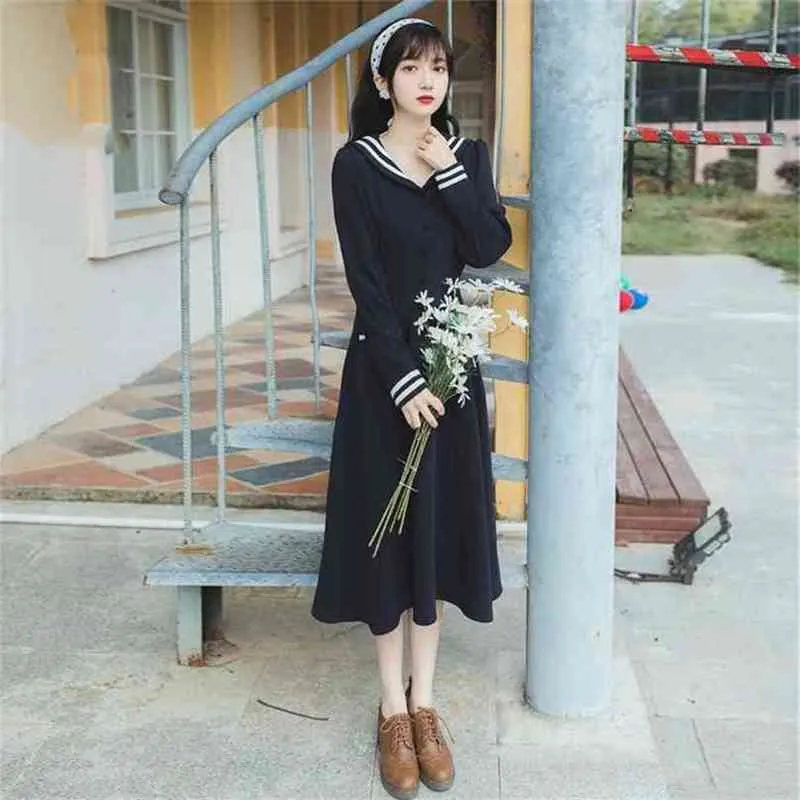Vintage Black Full Sleeve Sailor Navy Midi Dress with Flare Detail - Elegant Mid-Calf Fit for Spring - Female Vestidos 210603