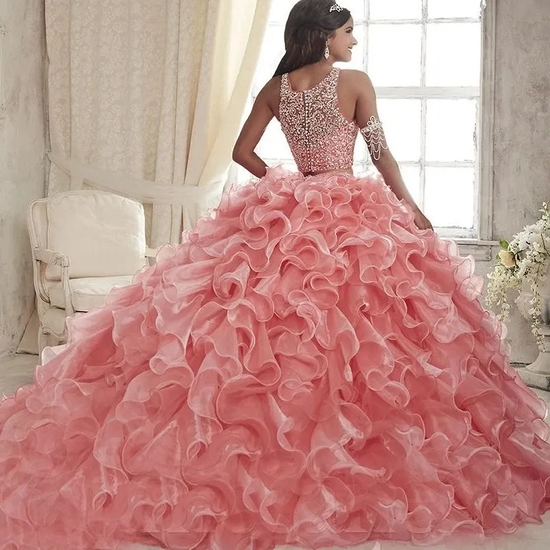 Pink Organza Quinceanera Ball Gown with Beaded Crystals and Scoop - Two Piece Puffy Sweet 16 Pink wedding dress