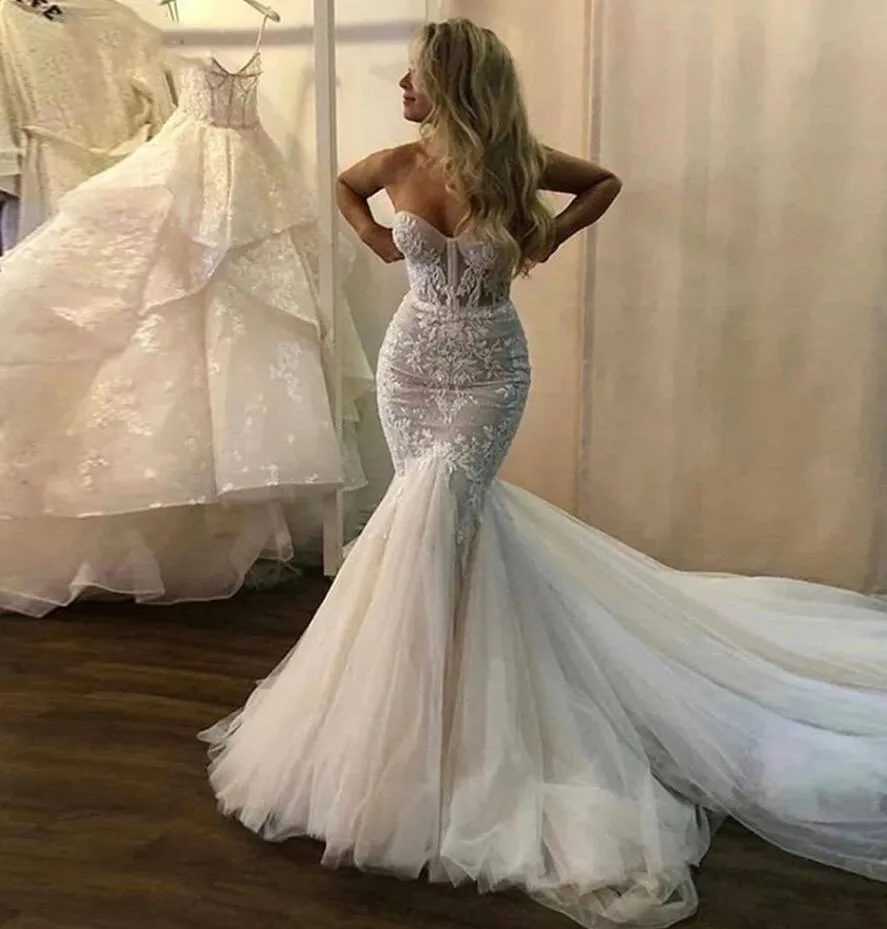 Grecian Style Plunge Neck Lace Tulle Mermaid Bridal Gown - Promfy