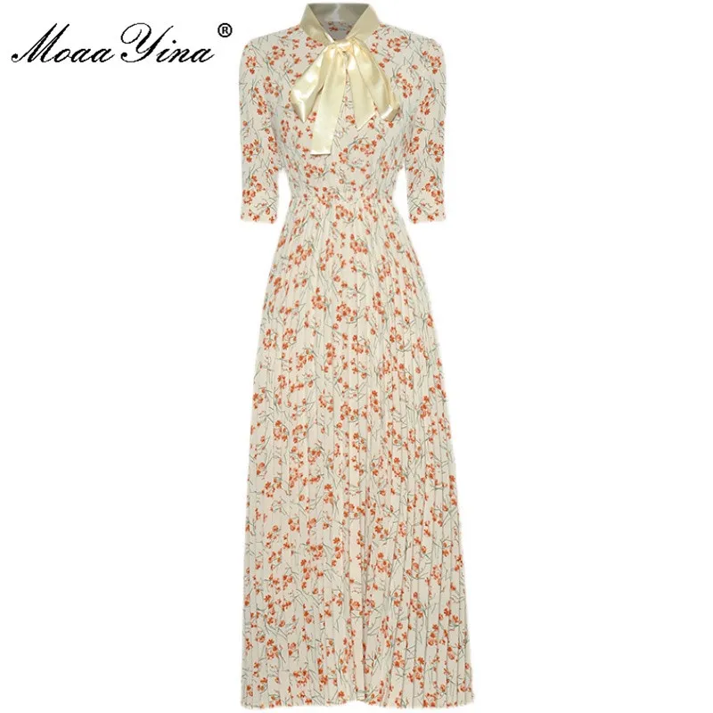 Robe de créateur de mode Robe d'été pour femmes Noeud papillon Demi-manche Taille haute Imprimé floral Party Midi 210524