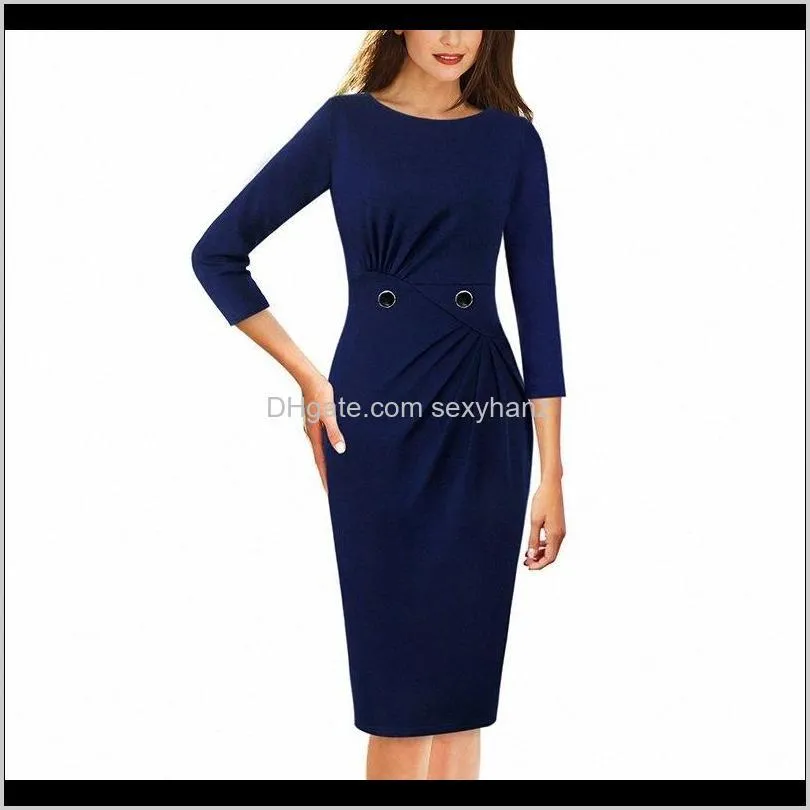 Klänningar Kläder Kläder Drop Leverans 2021 Vfemage Kvinnor Eleganta Ruched Pläterade Knappar Slim Casual Work Business Office Party Vestidos BOD