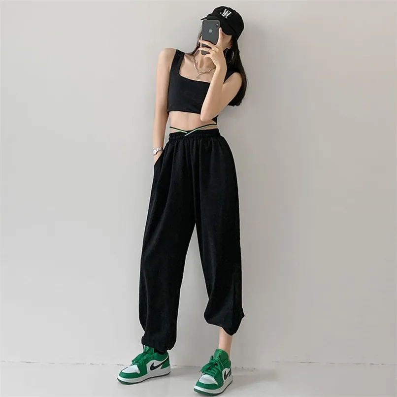 Mingliusili 한국 스타일 스웨트 팬츠 여름 패션 조깅 여성 streetwear 캐주얼 편지 인쇄 높은 허리 바지 211112