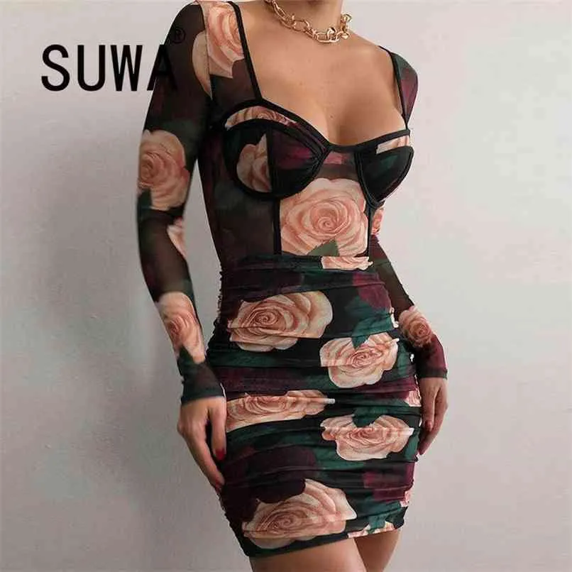 Rose Flower Printed Woman Dresses Arrival Long Sleeve Bodycon Sexy Club And Party Dress Elegant Mini Robe Streetwear 210525