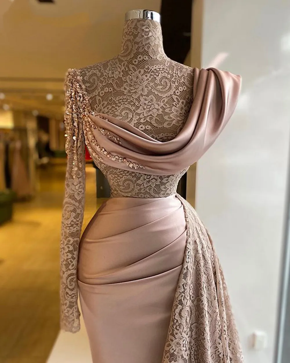 Indian Style Blush Pink Sheer Lace High neck evening Gown with Long Sleeves and High Neckline - Plus Size Formal Prom Party Gown for Women