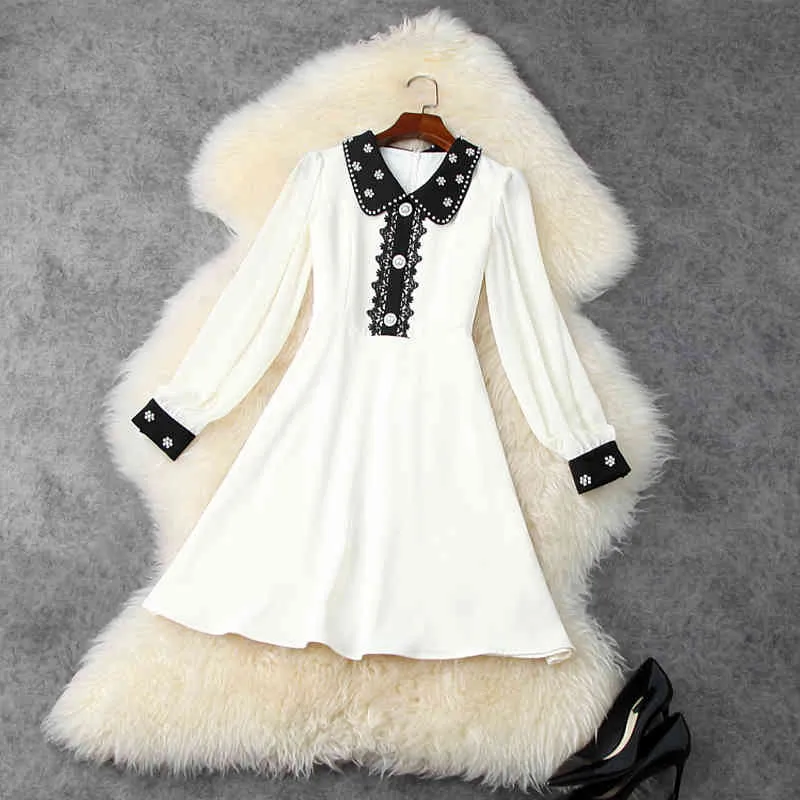 High Street Moda Primavera Drive Dress Mulheres Bloco de Cor Peter Pan Collar Beaded 210521