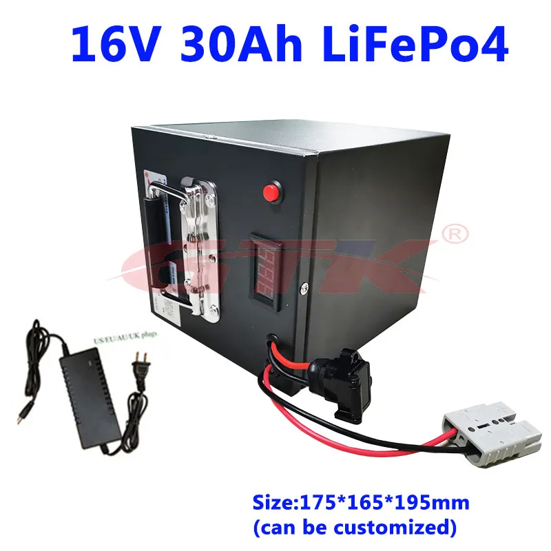 Batterie rechargeable au lithium GTK LiFePo4 16V 30Ah avec BMS pour moniteur ebike équipement médical moto + chargeur 3A