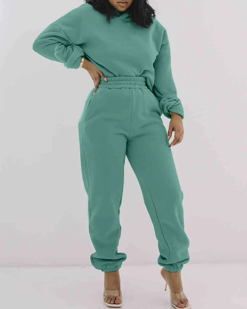 Ninimiour Women Elegant Two -Pieces Suit Sets Femee Stylish Plus Size Plain Long Sleeve Top & Pants Set Sport Outfits 210415