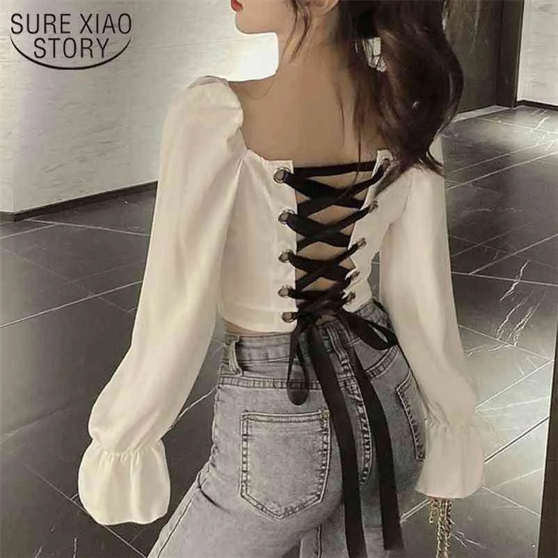 Sexy Slim Ruffle Sleutelbeen Shirt Vintage Back Hollow Cross Tie Zwart Korte Tops Spring Lange Mouw Trekkoord Witte Blouse 12577 210415