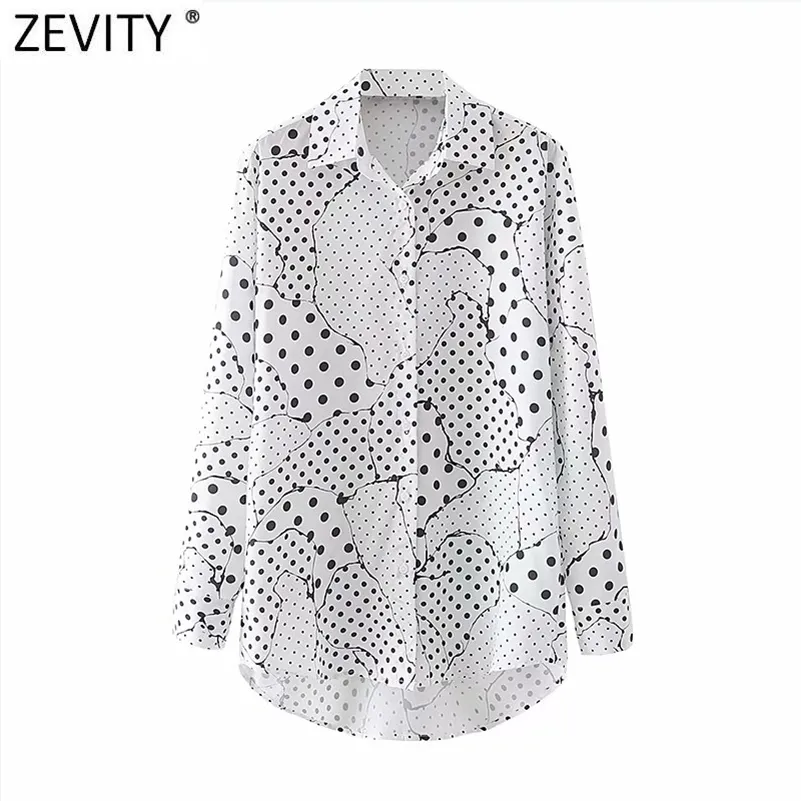 Mujeres Vintage Polka Dots Patchwork Print Casual Smock Blusa Office Lady Turn Down Collar Camisas Chic Blusas Tops LS7517 210416