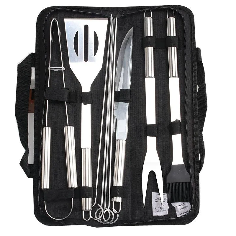 9 pçs / conjunto ferramentas de churrasco de aço inoxidável utensílios de churrasqueira ao ar livre churrasco com sacos de oxford saco de aço inoxidável grill clipe kit de faca