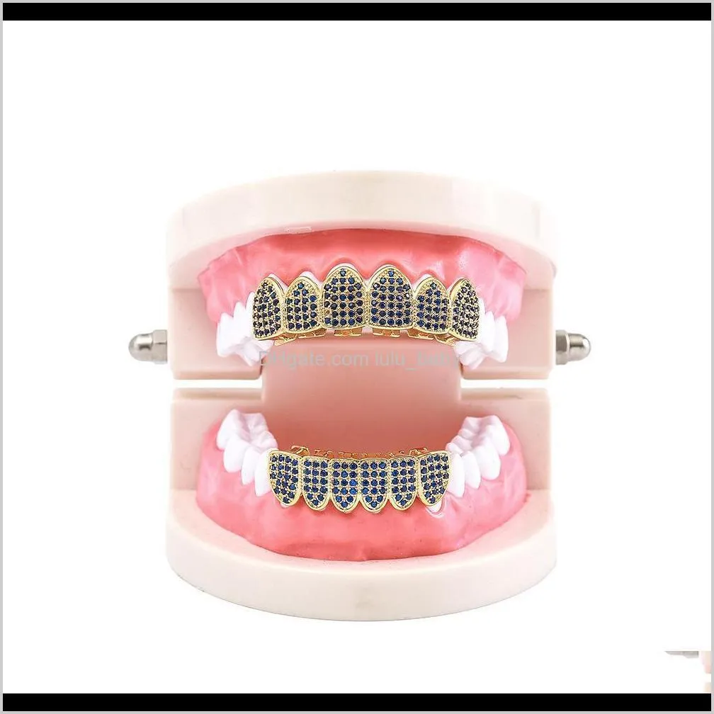 blue zircon micro-inlaid zircon gold braces hip hop grillz new hip-hop braces environmental protection copper plating real gold