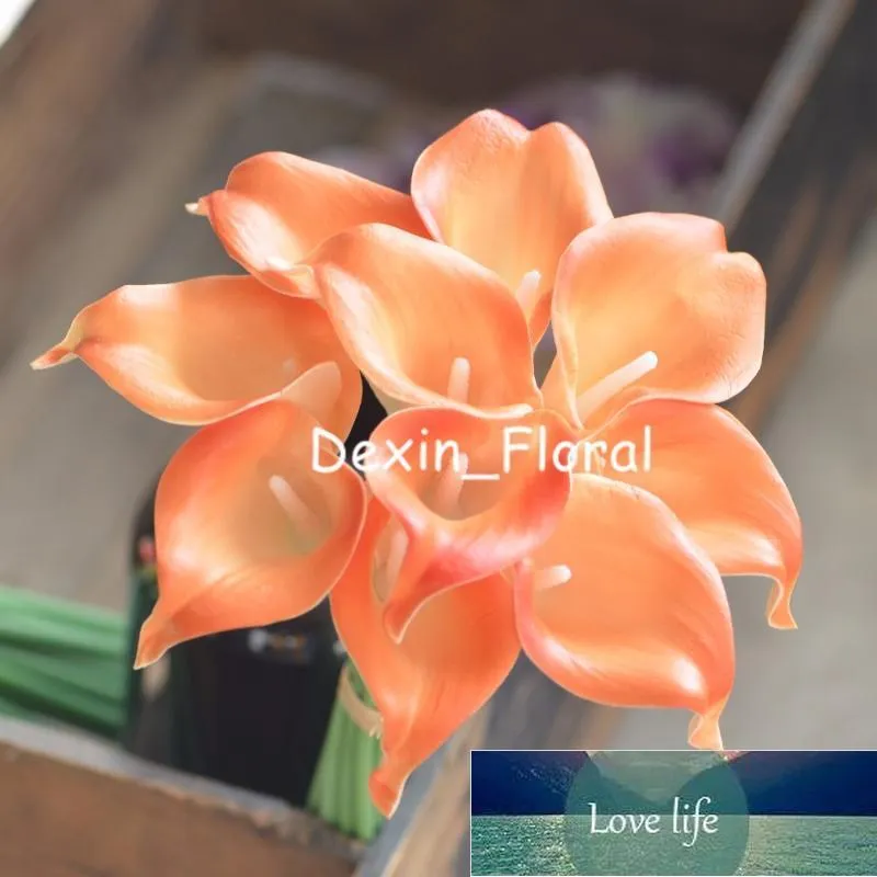 Ljus orange calla liljor äkta touch blommor för silke bröllop buketter, dekorationer konstgjorda lilja dekorativa kransar fabrikspris expert design kvalitet senast
